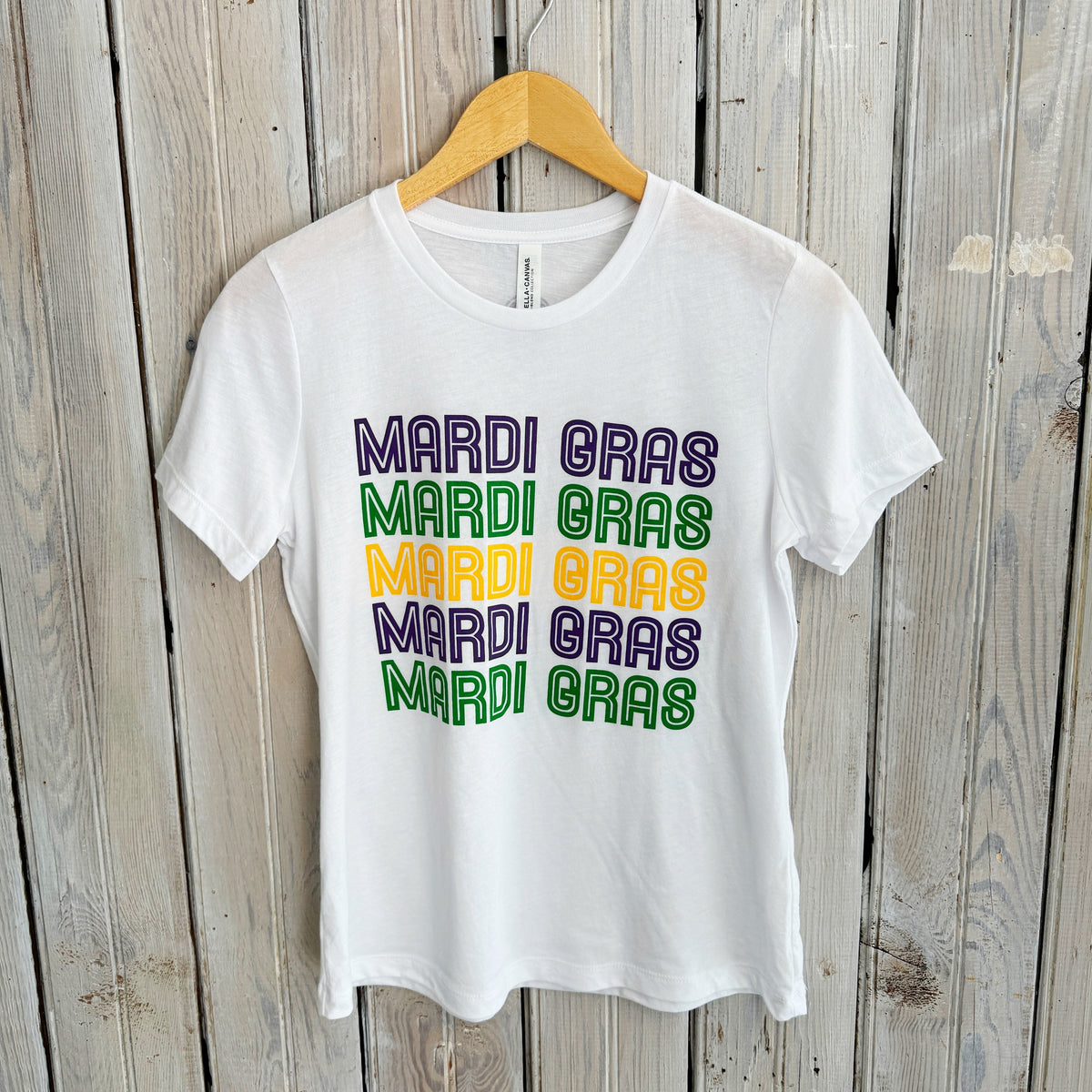 Mardi Gras x 5 Women’s Crew Tee-white