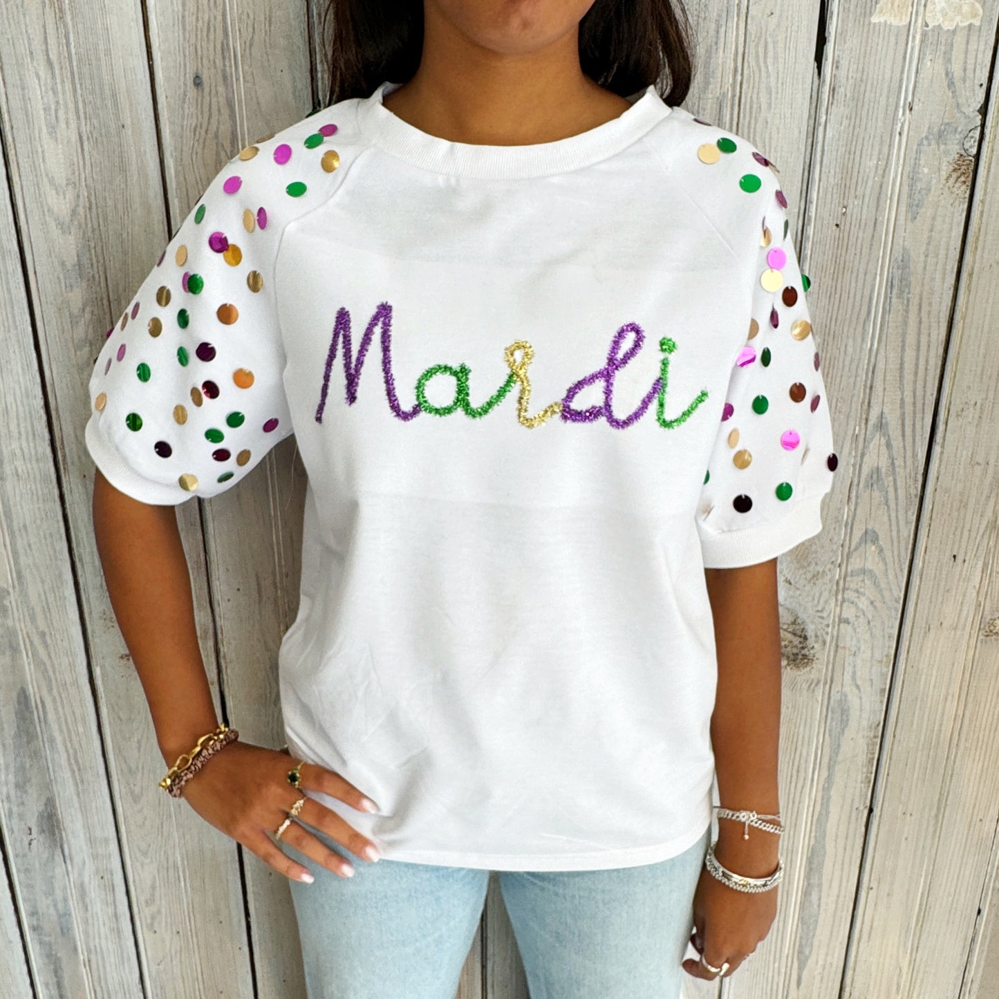 Mardi Sequin Oversized Bubble Sleeve-white