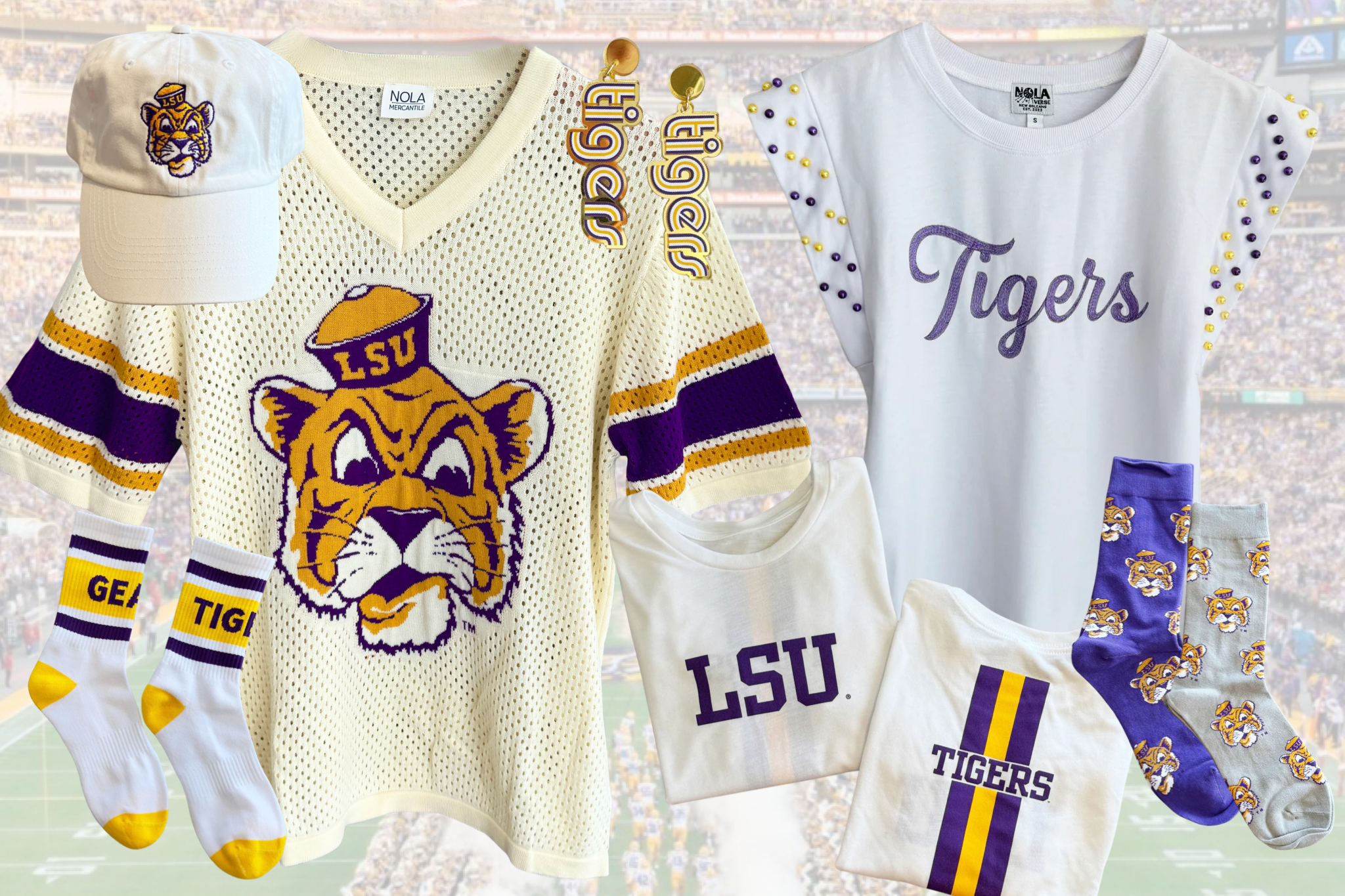 LSU Tigers sports gear including a sweater, t-shirt, and socks on a light background.