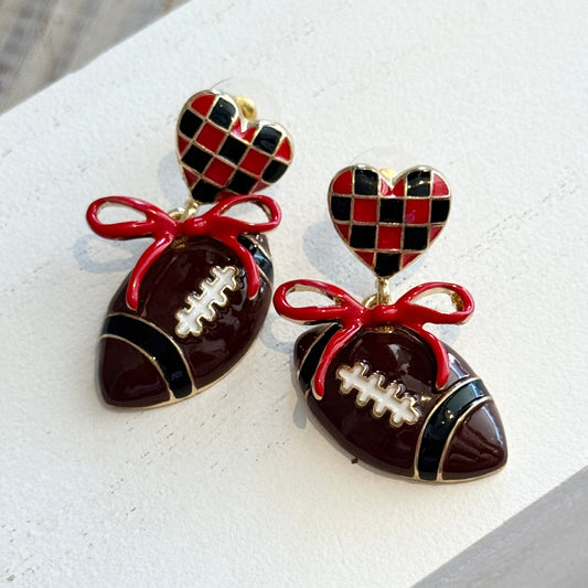 NM Heart Football Earring-red & black