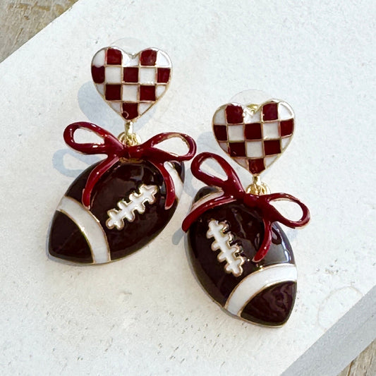 NM Heart Football Earring-burgundy & white