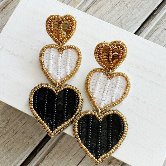 Triple Heart Earrings- Black/Gold