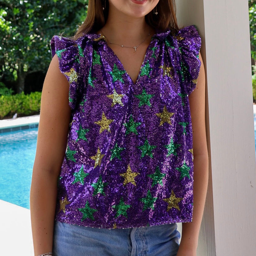 NM Mardi Gras Star Sequin Flutter Sleeve