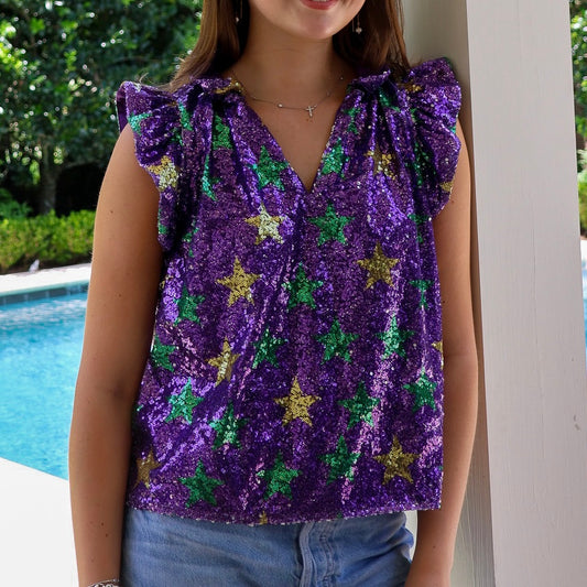 NM Mardi Gras Star Sequin Flutter Sleeve