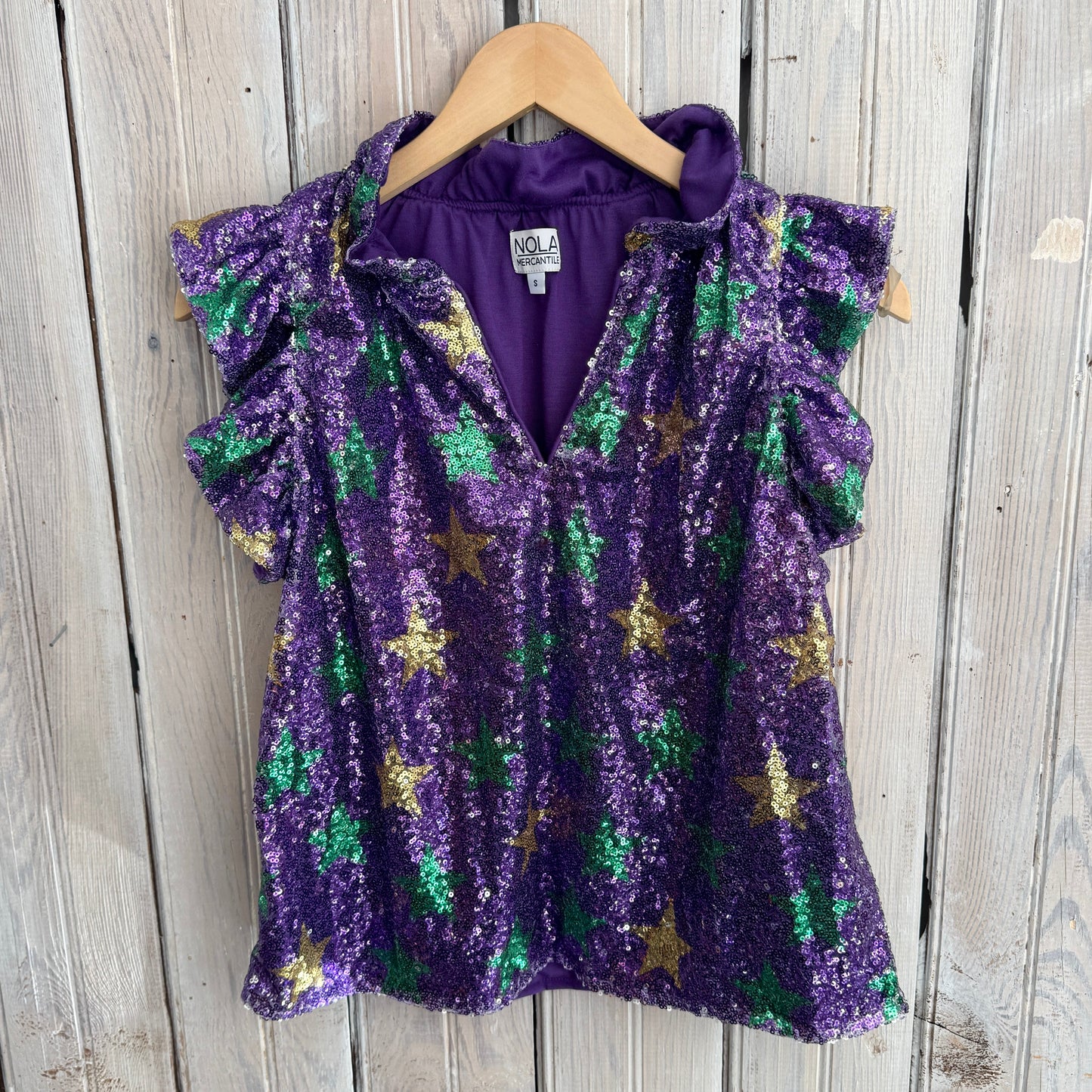 NM Mardi Gras Star Sequin Flutter Sleeve
