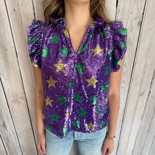 NM Mardi Gras Star Sequin Flutter Sleeve