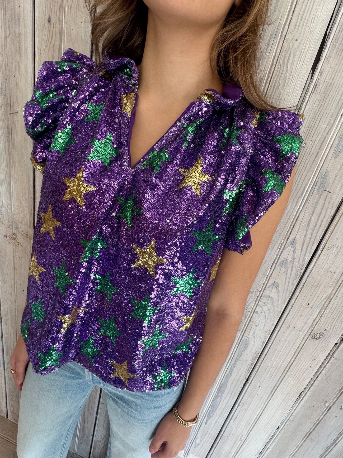 NM Mardi Gras Star Sequin Flutter Sleeve