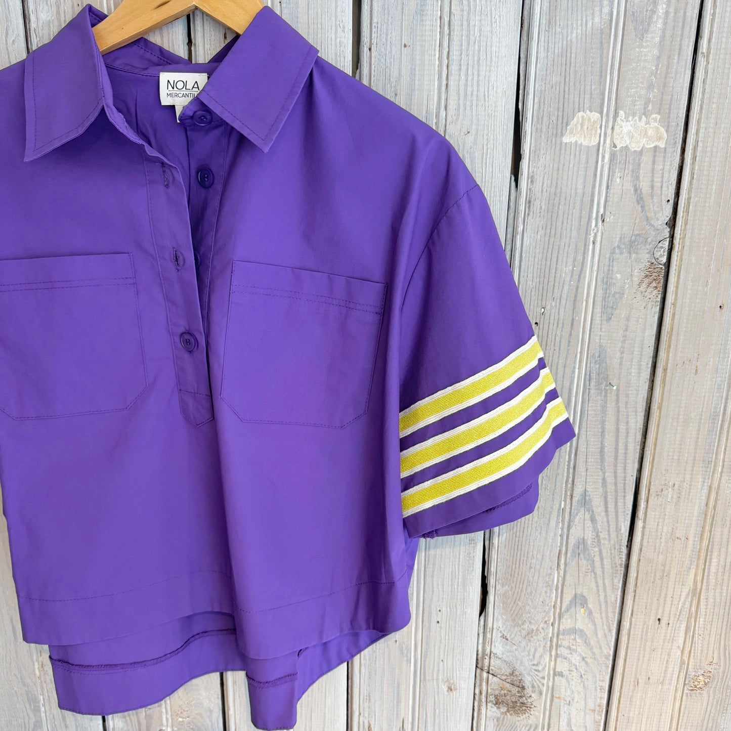 Stripe Sleeve Poplin-purple & yellow