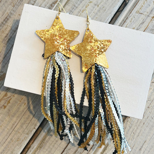 Star Sequin Fringe Earring- Black/Gold